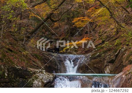秋の山梨県山梨市　紅葉の西沢渓谷　七ツ釜五段の滝 124667292