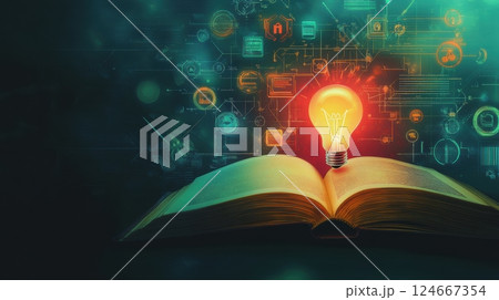 glowing lightbulb idea above open book with digital icons 124667354