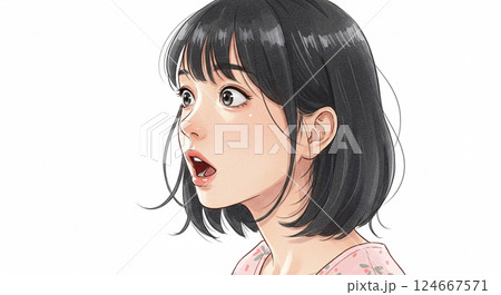 口を開けて目を見開いて驚いている女性のイラスト 124667571