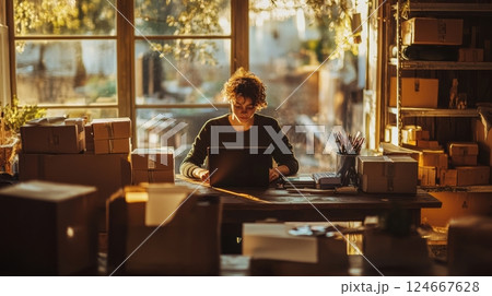 young woman working from home packaging orders small business ow 124667628