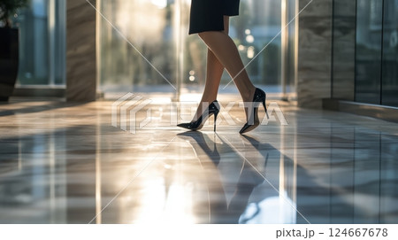 woman in black heels walking in modern office building 124667678