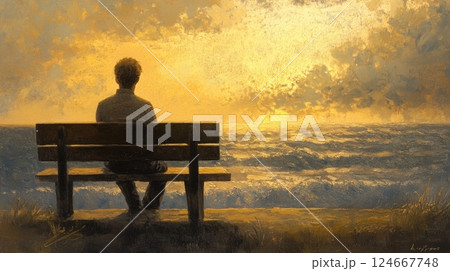 man sitting on bench at sunset over ocean 124667748