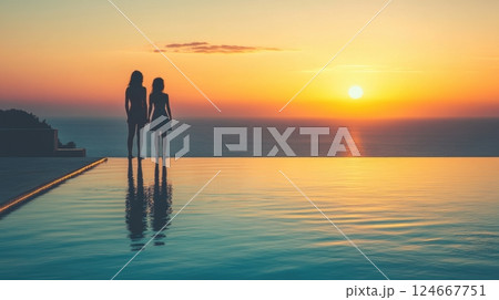 two silhouettes watching sunset over ocean from infinity pool 124667751