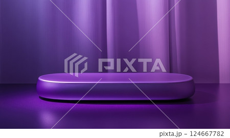 purple product display stand on draped background 124667782