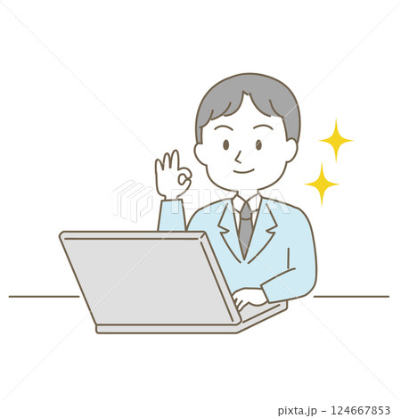 20～40代、小ぎれいな男性のビジネスシーン、シンプルかわいい線タイプ（OKポーズ・白背景） 124667853