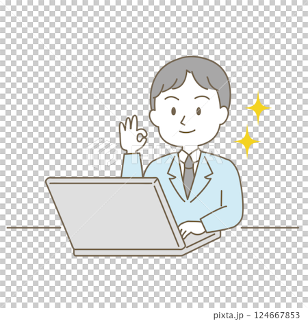 20～40代、小ぎれいな男性のビジネスシーン、シンプルかわいい線タイプ（OKポーズ・白背景） 124667853