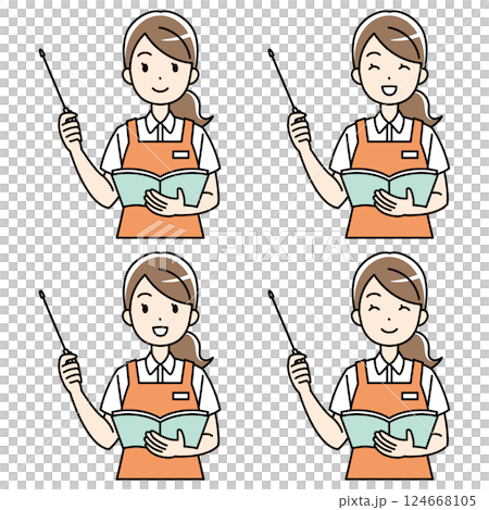 身穿圍裙的年輕女子用教鞭解釋的插圖 124668105