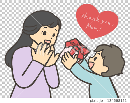 A child giving a bouquet of carnations on Mother's Day 124668121