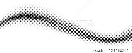 Black halftone wave background. Dotted curved flow wallpaper. Abstract textured grainy fluid backdrop. Vector grit pop art swoosh element for poster, banner, overlay, card, brochure, flyer, leaflet 124668243