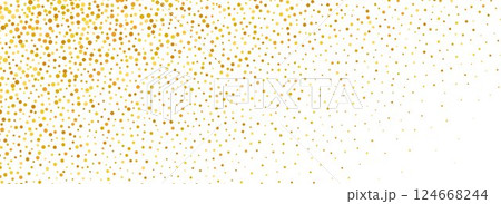 Gold falling confetti background. Golden dotted glitter pattern. Yellow and orange dot sparkles and particles wallpaper. Celebration Christmas, New Year or birthday party decoration backdrop. Vector 124668244