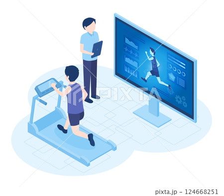 走っている男性の身体データを分析しているアイソメトリックイラスト 124668251