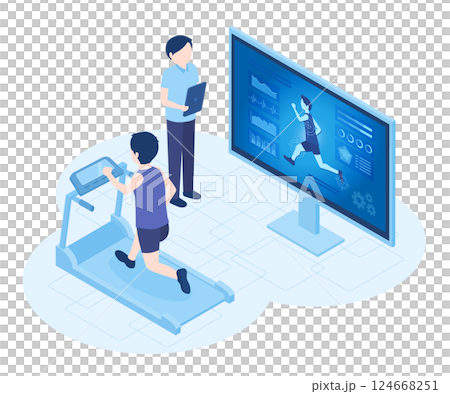 走っている男性の身体データを分析しているアイソメトリックイラスト 124668251
