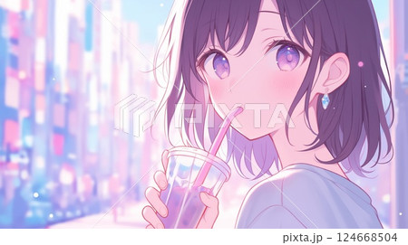 都会の片隅で休憩する少女と夏の午後のまどろみ 124668504