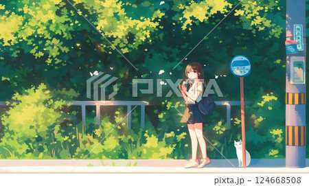 カジュアルな少女が飲み物を手に休憩する日常風景 124668508