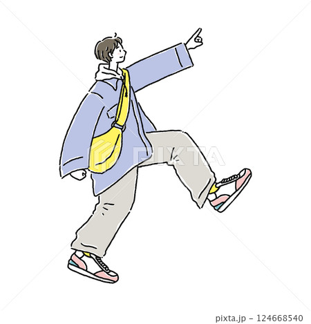 指差しながら前向きに進んでいく男性 指差しながら前向きに進んでいく男性 124668540