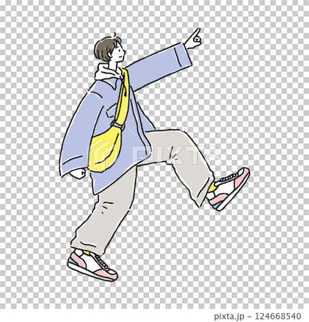指差しながら前向きに進んでいく男性 指差しながら前向きに進んでいく男性 124668540