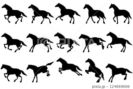 アニメーションにも使える馬が歩いているところから走り出してジャンプするシルエットセット 124669006