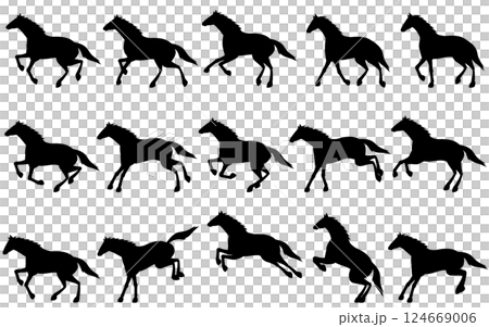 一組馬匹行走、奔跑和跳躍的剪影,也可用於動畫 一組馬匹行走、奔跑和跳躍的剪影,也可用於動畫 124669006