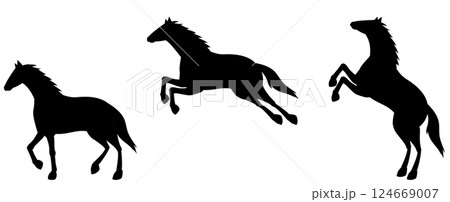 歩く馬と飛ぶ馬と立ち上がる馬のシルエットセット 歩く馬と飛ぶ馬と立ち上がる馬のシルエットセット 124669007