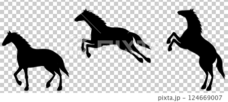 歩く馬と飛ぶ馬と立ち上がる馬のシルエットセットのイラスト素材