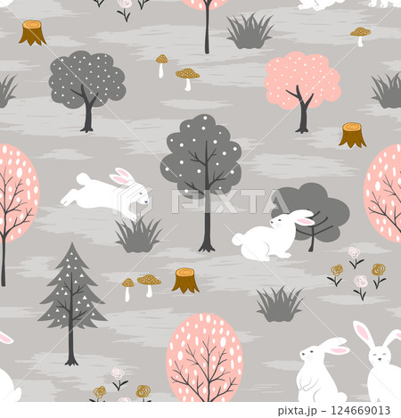 Seamless pattern with cute bunnies on spring forest for happy easter 124669013