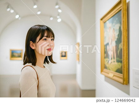 美術館で絵画を鑑賞している若い女性 124669042
