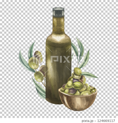 Olive oil green bottle,fruits bunch in wooden plate decorated with floral branch watercolor composition. Hand drawn vegan food clipart,italian salad ingredient for menu,label,logo design 124669117
