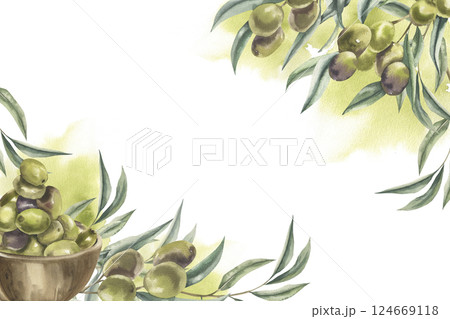Olives floral watercolor template with Greek traditional tree branches,olives bunch with splashes illustration. Isolated vegetarian food frame,romantic clipart for card,invitation design Olives floral watercolor template with Greek traditional tree branches,olives bunch with splashes illustration. Isolated vegetarian food frame,romantic clipart for card,invitation design 124669118