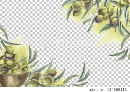 Olives floral watercolor template with Greek traditional tree branches,olives bunch with splashes illustration. Isolated vegetarian food frame,romantic clipart for card,invitation design Olives floral watercolor template with Greek traditional tree branches,olives bunch with splashes illustration. Isolated vegetarian food frame,romantic clipart for card,invitation design 124669118