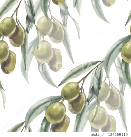 Floral pattern with olive branches watercolor illustration. Hand drawn repeated background with Greek tree clipart for home textile, kitchen fabric, restaurant wallpaper design Floral pattern with olive branches watercolor illustration. Hand drawn repeated background with Greek tree clipart for home textile, kitchen fabric, restaurant wallpaper design 124669119