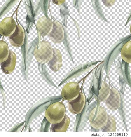 Floral pattern with olive branches watercolor illustration. Hand drawn repeated background with Greek tree clipart for home textile, kitchen fabric, restaurant wallpaper design Floral pattern with olive branches watercolor illustration. Hand drawn repeated background with Greek tree clipart for home textile, kitchen fabric, restaurant wallpaper design 124669119