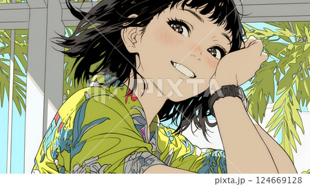 沖縄のかりゆしファッションを着て笑顔いっぱいの若い女性