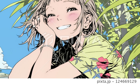 沖縄のかりゆしファッションを着て笑顔いっぱいの若い女性