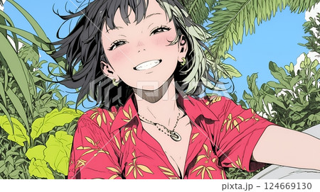 沖縄のかりゆしファッションを着て笑顔いっぱいの若い女性
