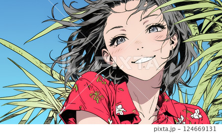 沖縄のかりゆしファッションを着て笑顔いっぱいの若い女性