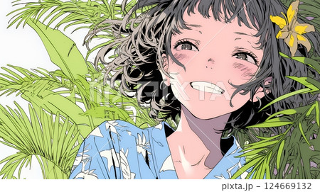 沖縄のかりゆしファッションを着て笑顔いっぱいの若い女性
