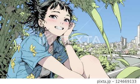 沖縄のかりゆしファッションを着て笑顔いっぱいの若い女性