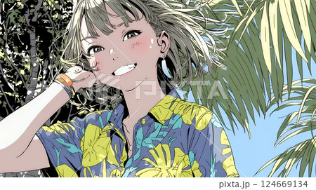 沖縄のかりゆしファッションを着て笑顔いっぱいの若い女性