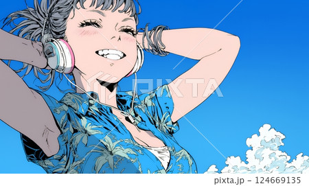 沖縄のかりゆしファッションを着て笑顔いっぱいの若い女性