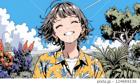 沖縄のかりゆしファッションを着て笑顔いっぱいの若い女性