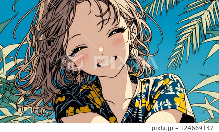沖縄のかりゆしファッションを着て笑顔いっぱいの若い女性