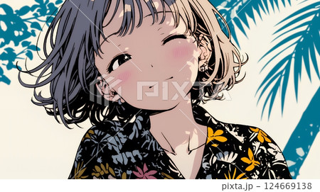 沖縄のかりゆしファッションを着て笑顔いっぱいの若い女性