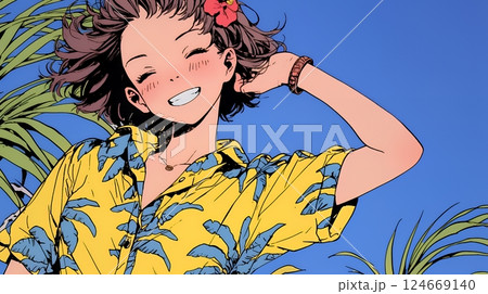 沖縄のかりゆしファッションを着て笑顔いっぱいの若い女性