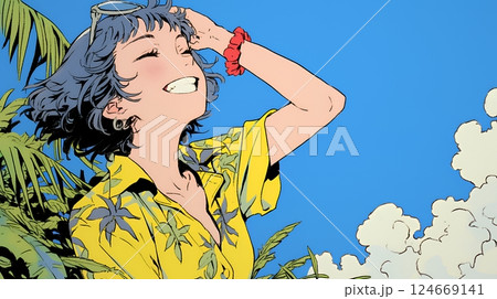 沖縄のかりゆしファッションを着て笑顔いっぱいの若い女性