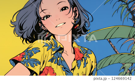 沖縄のかりゆしファッションを着て笑顔いっぱいの若い女性