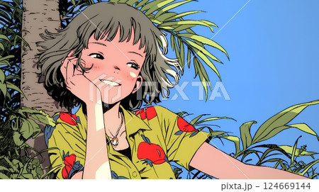 沖縄のかりゆしファッションを着て笑顔いっぱいの若い女性