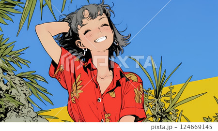 沖縄のかりゆしファッションを着て笑顔いっぱいの若い女性