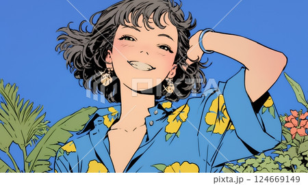 沖縄のかりゆしファッションを着て笑顔いっぱいの若い女性 124669149