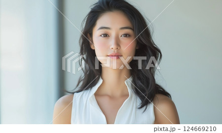 ナチュラルなパーマの黒髪、セミロングヘアのアジア人女性のポートレート 124669210