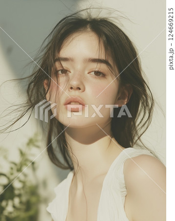 ナチュラルなパーマの黒髪、セミロングヘアの女性のポートレート 124669215